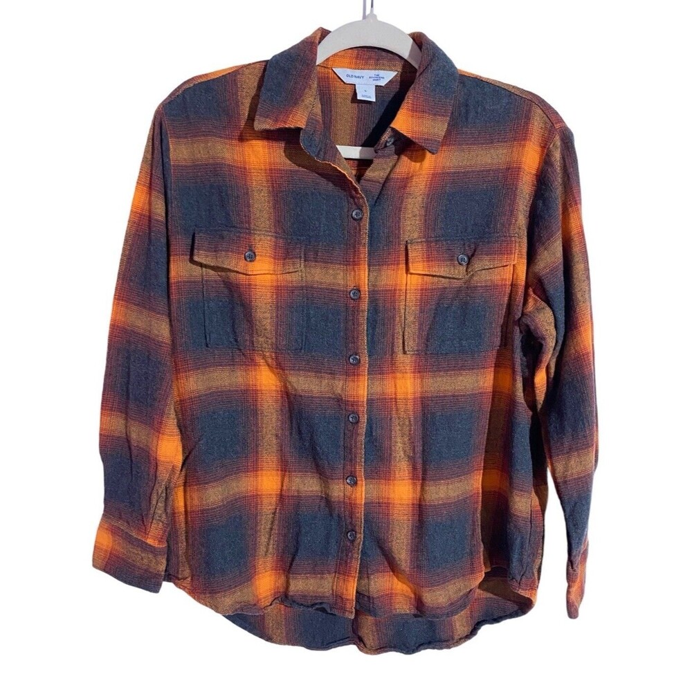 Old Navy Shirt Small Orange Plaid Boyfriend Flannel Top